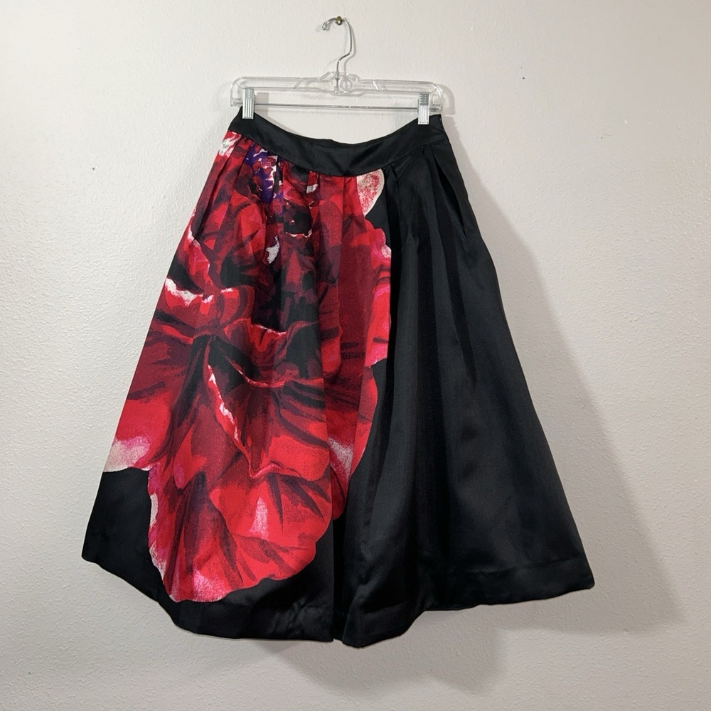 New White House Black Market A-Line Midi Skirt Women's 8 Black Floral Pleated